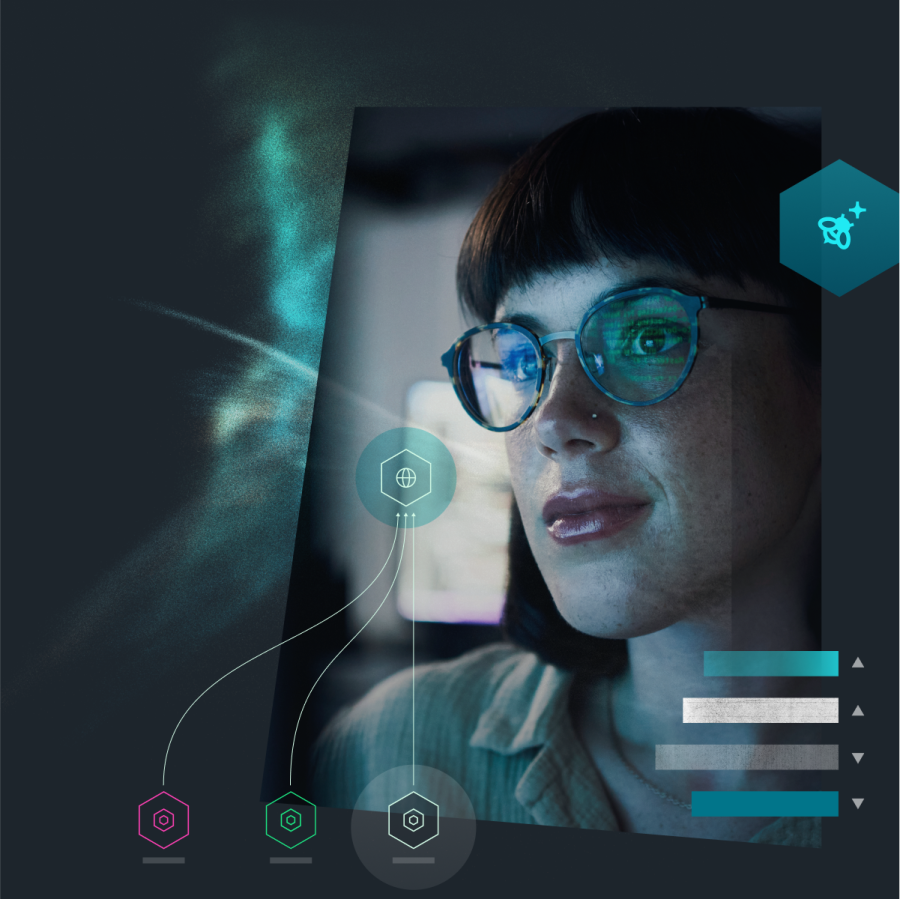 Woman wearing glasses with computer code in the glass reflection overlayed with an entity relationship flowchart and a geometric icon with a honeybee inside.