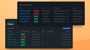 Fleet control dashboards showing fleet health statuses, fleet types, entity counts, configurations, and creation time.