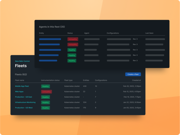 Fleet control dashboards showing fleet health statuses, fleet types, entity counts, configurations, and creation time.