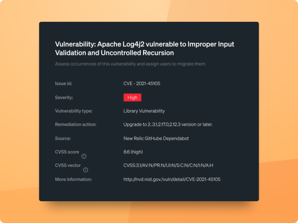 A vulnerability information window titled: "Vulnerability: Apache Log4j2 vulnerable to Improper Input Validation and Uncontrolled Recursion." Multiple fields are listed under this title.